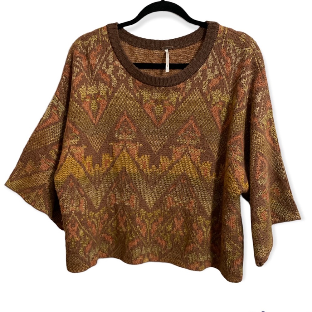 Free People Oversized Tribal print wide cropped arm sweater